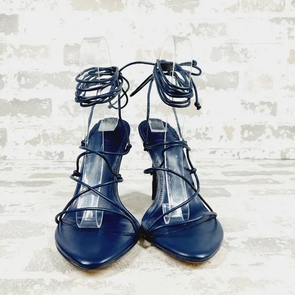 NEW Cult Gaia Soleil Navy Blue Lace Up Open Toe High Heel Sandals W741