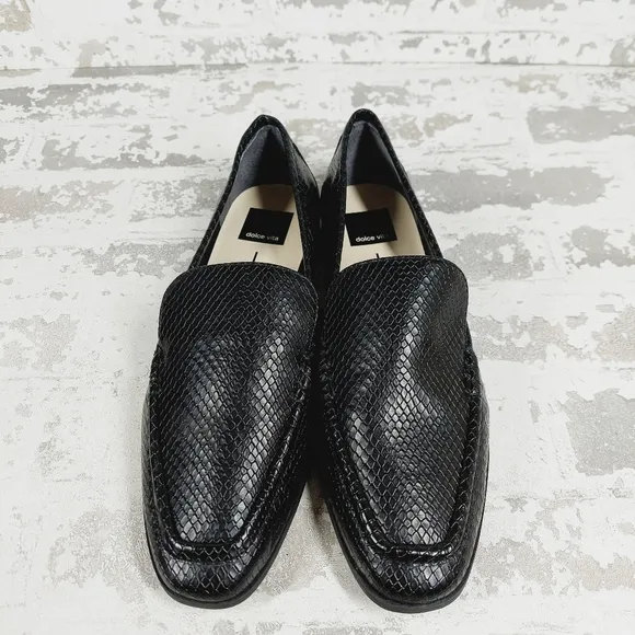 New Dolce Vita Catela Black Leather Snake Embossed Slip On Loafers H962