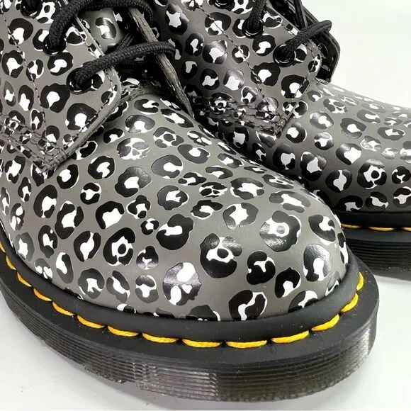 NEW Dr. Martens 1460 Leopard Smooth Leather Lace Up Boots Gunmetal 7 US/5 UK