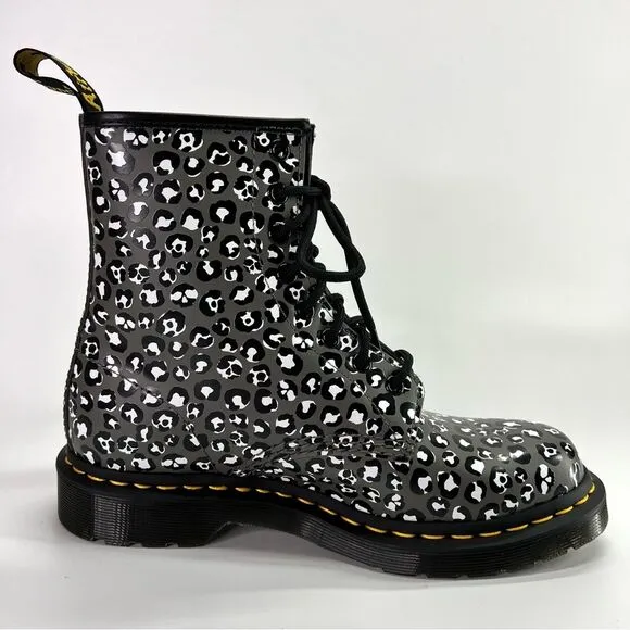 NEW Dr. Martens 1460 Leopard Smooth Leather Lace Up Boots Gunmetal 7 US/5 UK
