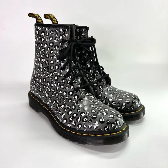 NEW Dr. Martens 1460 Leopard Smooth Leather Lace Up Boots Gunmetal 7 US/5 UK