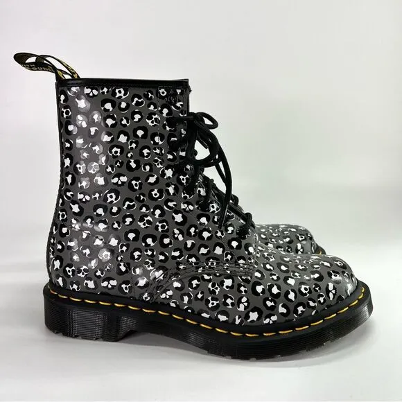 NEW Dr. Martens 1460 Leopard Smooth Leather Lace Up Boots Gunmetal 7 US/5 UK