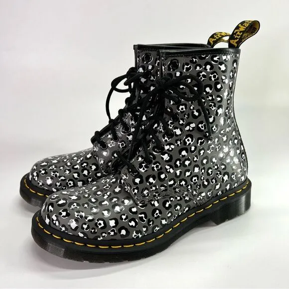 NEW Dr. Martens 1460 Leopard Smooth Leather Lace Up Boots Gunmetal 7 US/5 UK