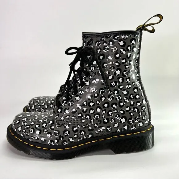 NEW Dr. Martens 1460 Leopard Smooth Leather Lace Up Boots Gunmetal 7 US/5 UK