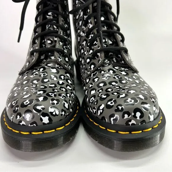 NEW Dr. Martens 1460 Leopard Smooth Leather Lace Up Boots Gunmetal 7 US/5 UK