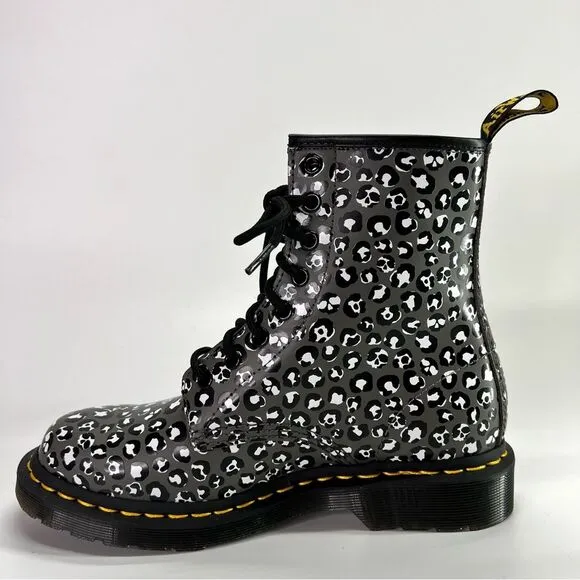 NEW Dr. Martens 1460 Leopard Smooth Leather Lace Up Boots Gunmetal 7 US/5 UK