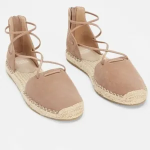 New Eileen Fisher 9 Leather Lace Up D'Orsay Lee Espadrille Latte Flat Sandals