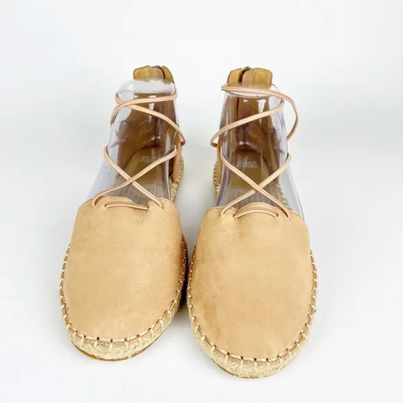 New Eileen Fisher 9 Leather Lace Up D'Orsay Lee Espadrille Latte Flat Sandals