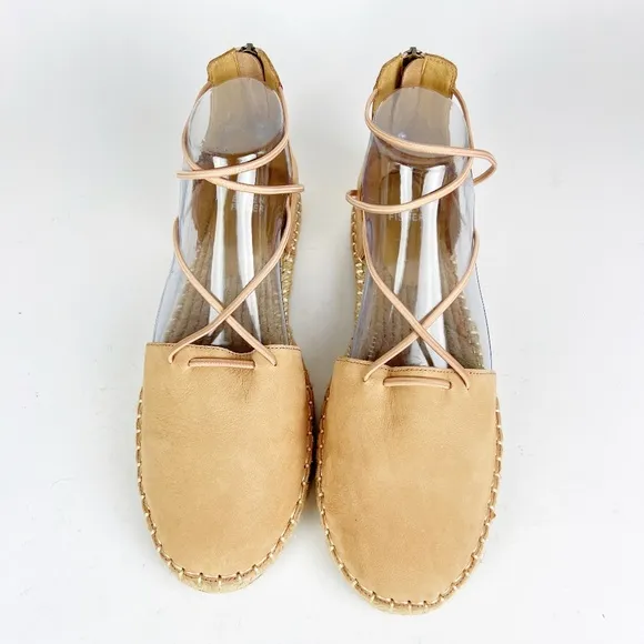 New Eileen Fisher 9 Leather Lace Up D'Orsay Lee Espadrille Latte Flat Sandals