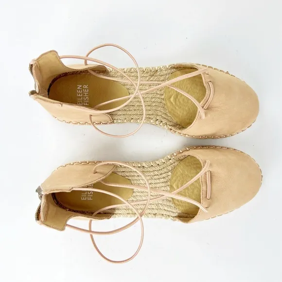New Eileen Fisher 9 Leather Lace Up D'Orsay Lee Espadrille Latte Flat Sandals