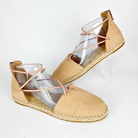 New Eileen Fisher 9 Leather Lace Up D'Orsay Lee Espadrille Latte Flat Sandals