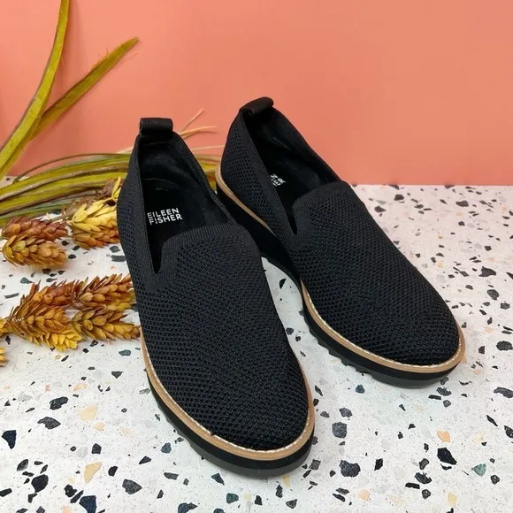 NEW Eileen Fisher Black Novo Stretch Knit Women’s Slip On Loafers Sz 6.5