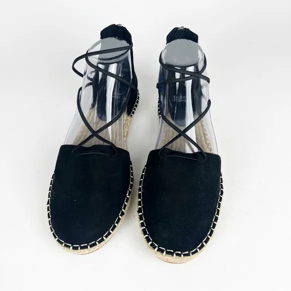New Eileen Fisher Leather Lace Up D'Orsay Espadrille Black Flat Sandals Size 8.5