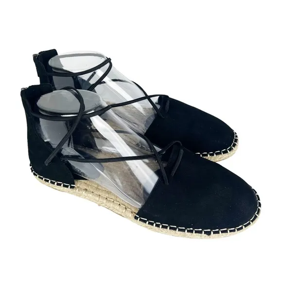 New Eileen Fisher Leather Lace Up D'Orsay Espadrille Black Flat Sandals Size 8.5