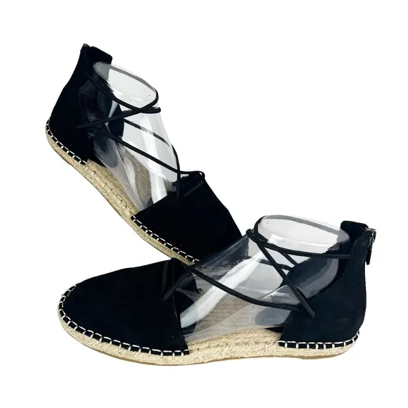 New Eileen Fisher Leather Lace Up D'Orsay Espadrille Black Flat Sandals Size 8.5