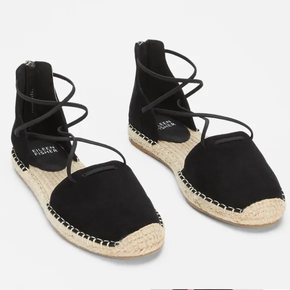 New Eileen Fisher Leather Lace Up D'Orsay Espadrille Black Flat Sandals Size 8.5
