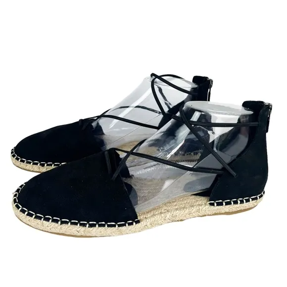 New Eileen Fisher Leather Lace Up D'Orsay Espadrille Black Flat Sandals Size 8.5