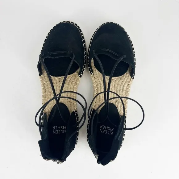 New Eileen Fisher Leather Lace Up D'Orsay Espadrille Black Flat Sandals Size 8.5