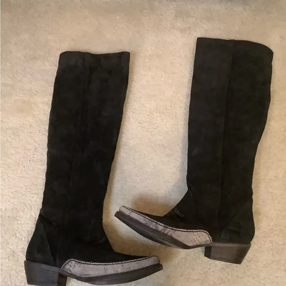 New Free People Black Suede Sterling Western Tall Boots Size 38/7.