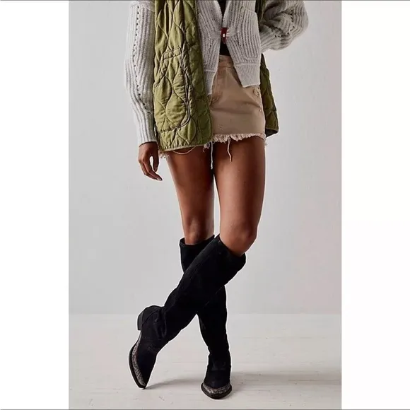 New Free People Black Suede Sterling Western Tall Boots Size 38/7.