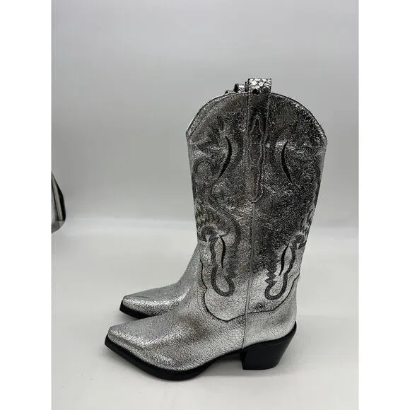 New Free People Dagget Western Boots Size 9.5 Silver Metallic Cowboy