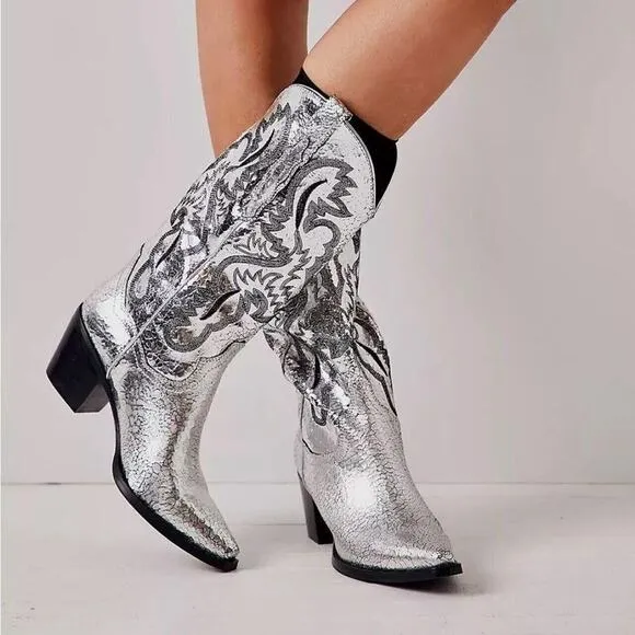 New Free People Dagget Western Boots Size 9.5 Silver Metallic Cowboy