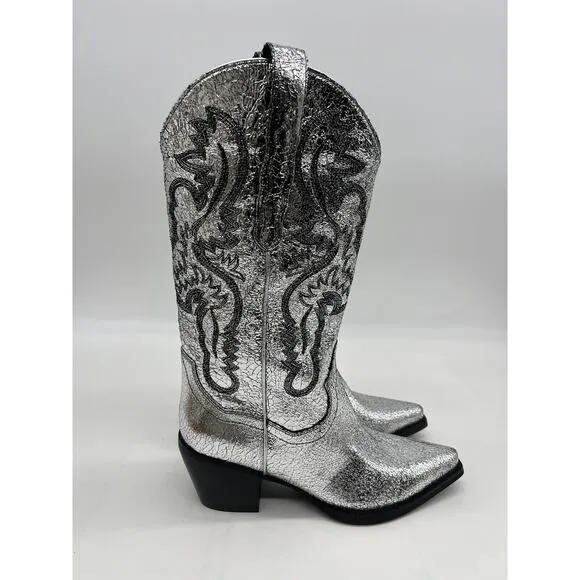 New Free People Dagget Western Boots Size 9.5 Silver Metallic Cowboy