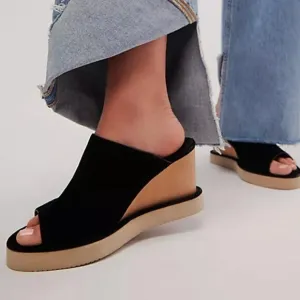 NEW Free People Running in Wedges Sandals - Suede For Women black 252