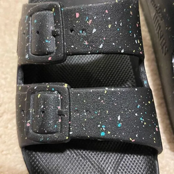 New Freedom Moses Black Supernova 2 strap sandals w/ tiny flecks of rainbow