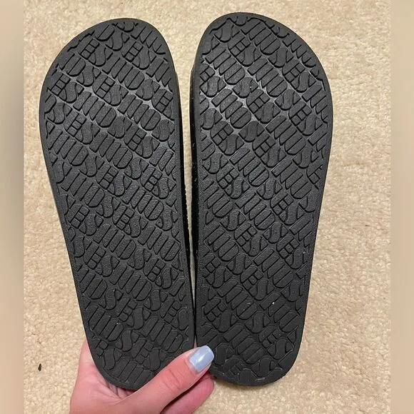 New Freedom Moses Black Supernova 2 strap sandals w/ tiny flecks of rainbow