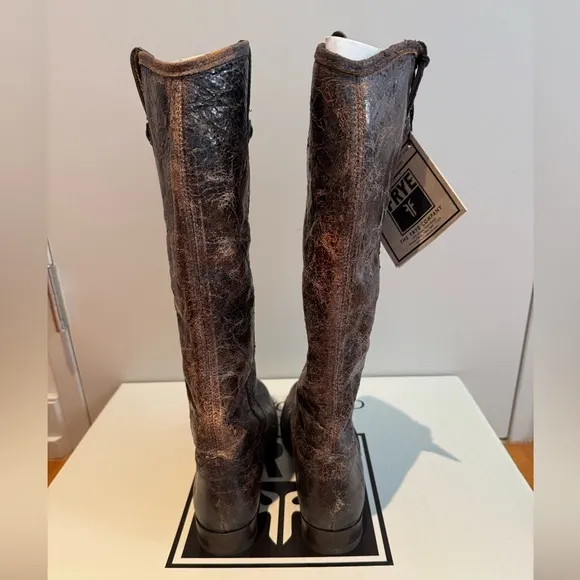 New Frye Melissa Button Chocolate / Dark Brown Distressed Leather Boots Size 6.5