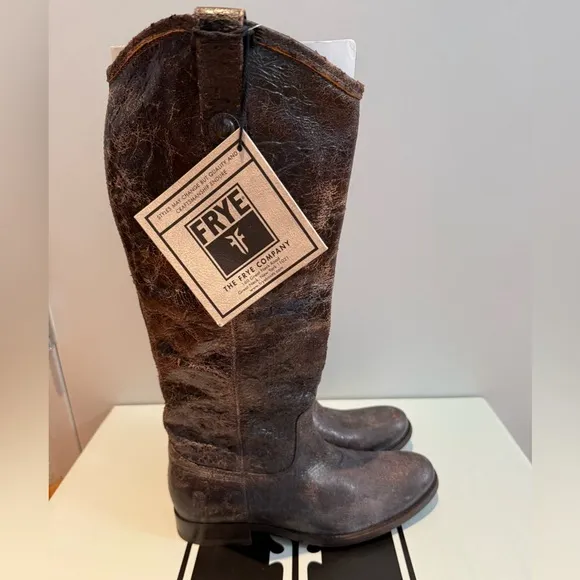 New Frye Melissa Button Chocolate / Dark Brown Distressed Leather Boots Size 6.5