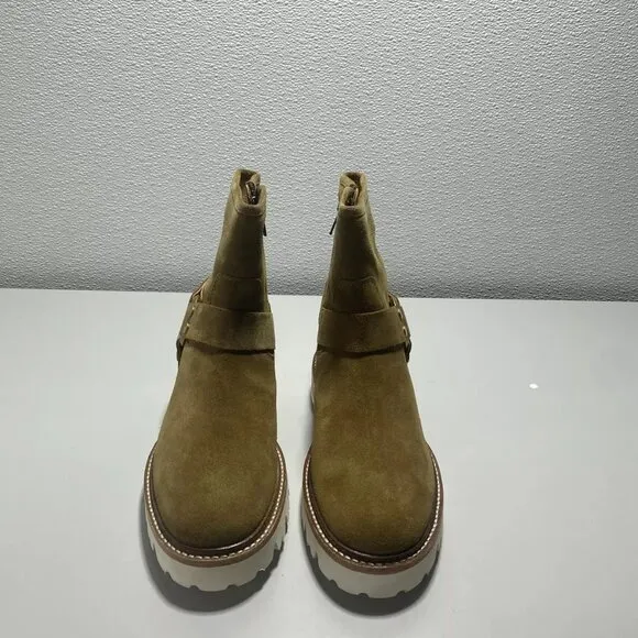 NEW FRYE Olivia Harness Short Suede Womens Size 8 Comfort Boot White Brown Gold