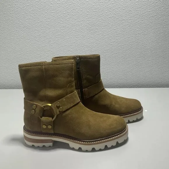 NEW FRYE Olivia Harness Short Suede Womens Size 8 Comfort Boot White Brown Gold