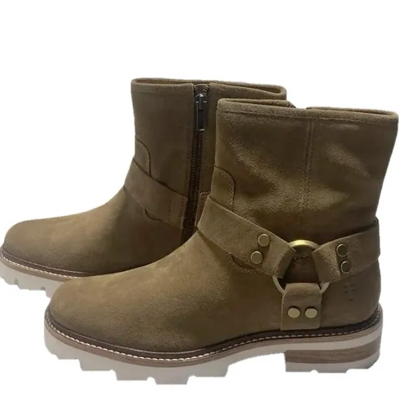 NEW FRYE Olivia Harness Short Suede Womens Size 8 Comfort Boot White Brown Gold