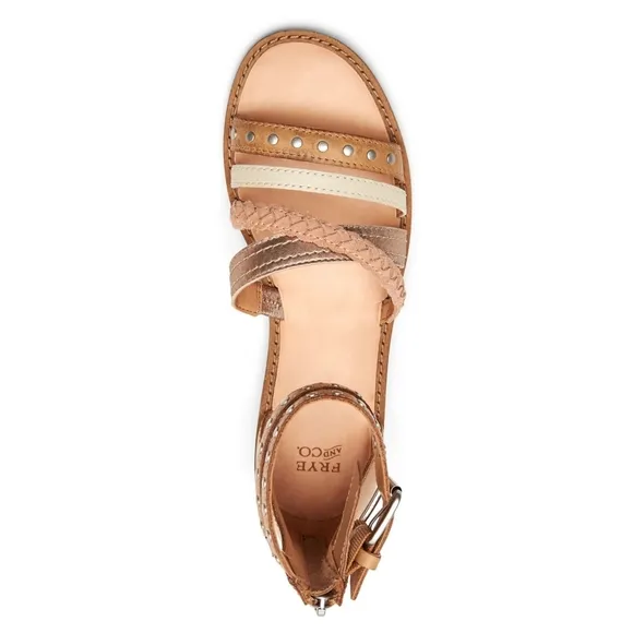 New! FRYE Women's Evie Studded Braided Leather Suede Ankle Strap Flat Sandals