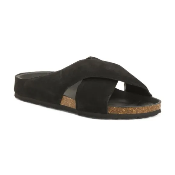 NEW FUN VERBENAS Men's Made In Spain Suede Cross Band Slide Sandals navy 362mn