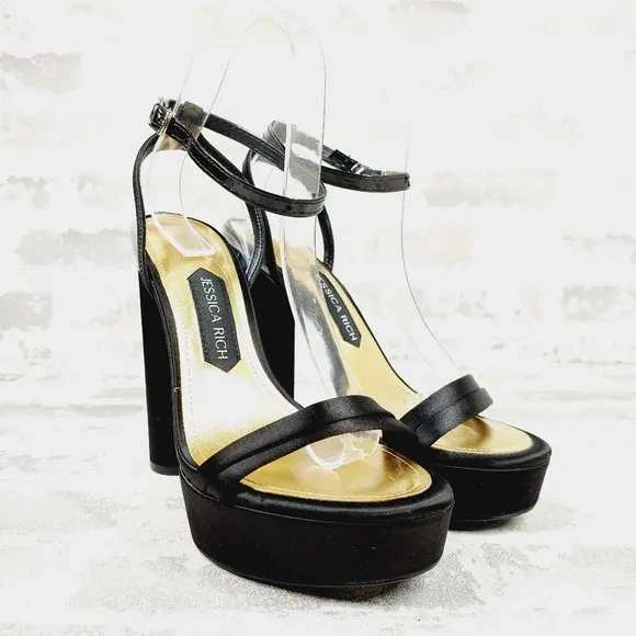 NEW Jessica Rich Black Ankle Strap Buckle Platform High Heeled Sandals W743