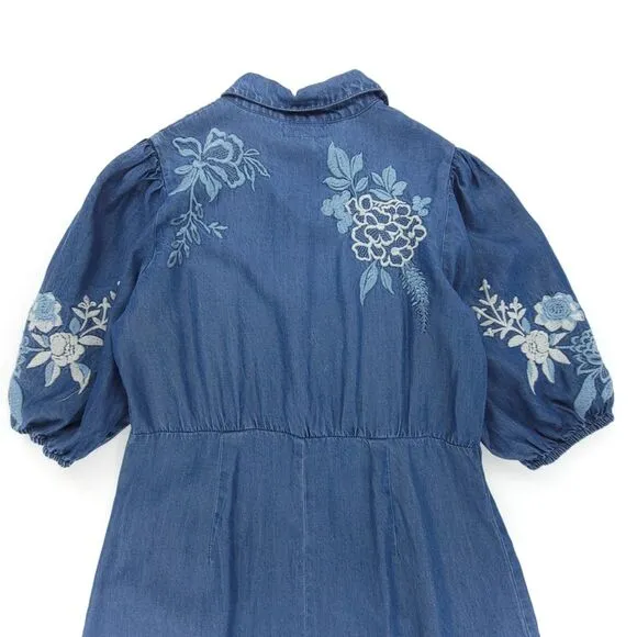 NEW Johnny Was Jacqueline Puff Sleeve Embroidered Western Boho Denim Midi Dress