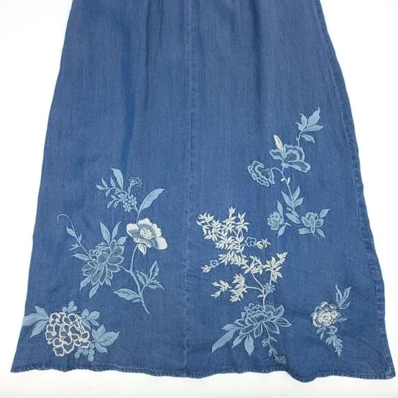 NEW Johnny Was Jacqueline Puff Sleeve Embroidered Western Boho Denim Midi Dress