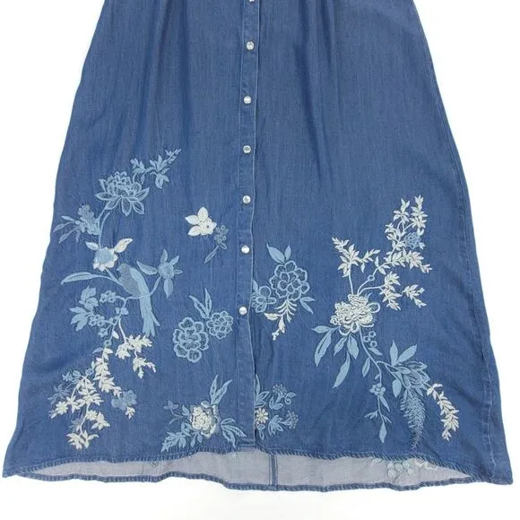 NEW Johnny Was Jacqueline Puff Sleeve Embroidered Western Boho Denim Midi Dress