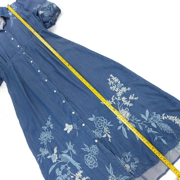 NEW Johnny Was Jacqueline Puff Sleeve Embroidered Western Boho Denim Midi Dress