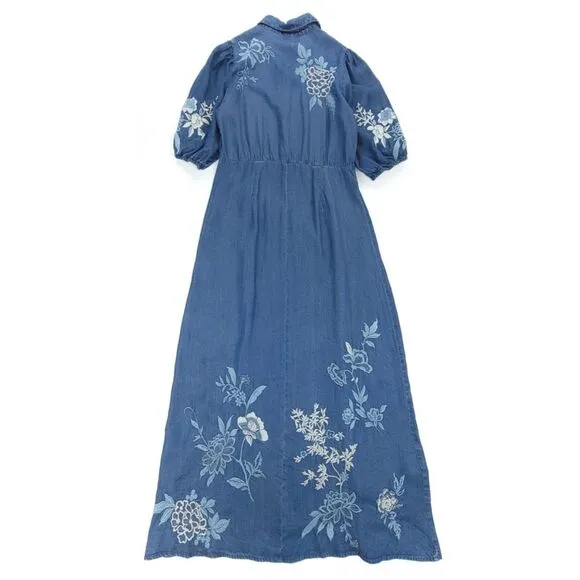 NEW Johnny Was Jacqueline Puff Sleeve Embroidered Western Boho Denim Midi Dress