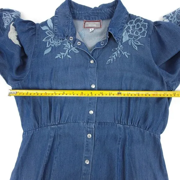 NEW Johnny Was Jacqueline Puff Sleeve Embroidered Western Boho Denim Midi Dress