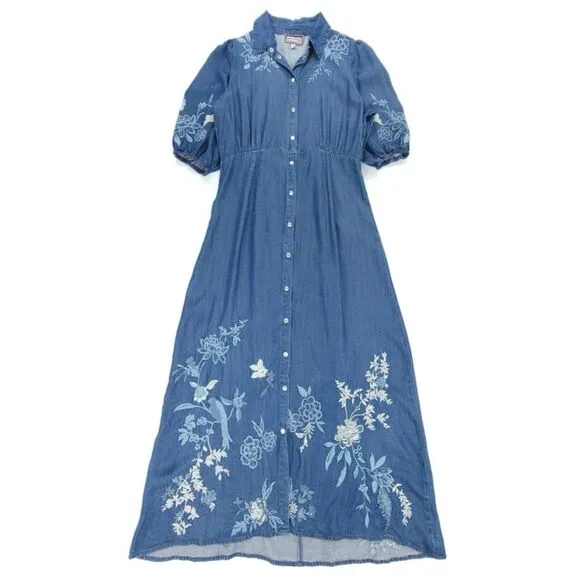 NEW Johnny Was Jacqueline Puff Sleeve Embroidered Western Boho Denim Midi Dress