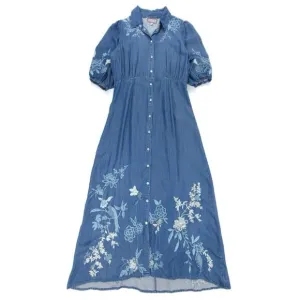 NEW Johnny Was Jacqueline Puff Sleeve Embroidered Western Boho Denim Midi Dress