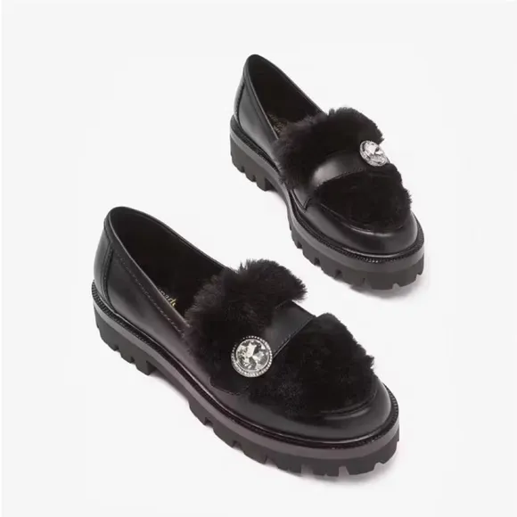 New! Kate Spade Posh Winter Fur Loafers in Black Sz 8.5‎ $278