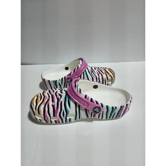 New Kids Crocs Classic Animal Print Clogs Glitter Sandals Multi/white US size J3