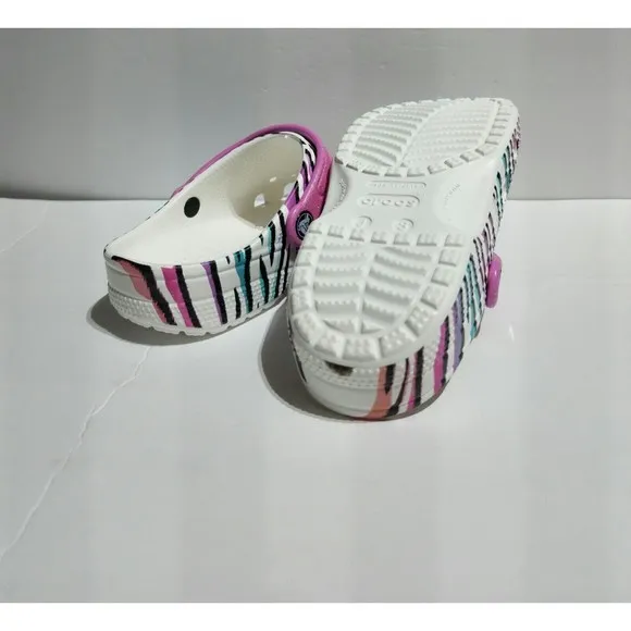 New Kids Crocs Classic Animal Print Clogs Glitter Sandals Multi/white US size J3