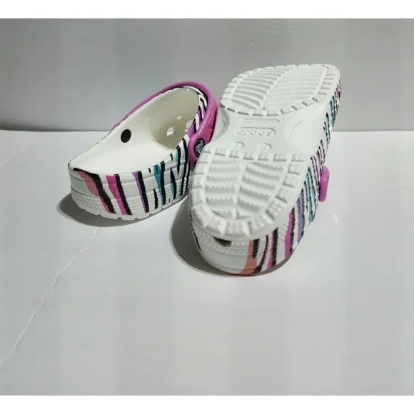 New Kids Crocs Classic Animal Print Clogs Glitter Sandals Multi/white US size J3